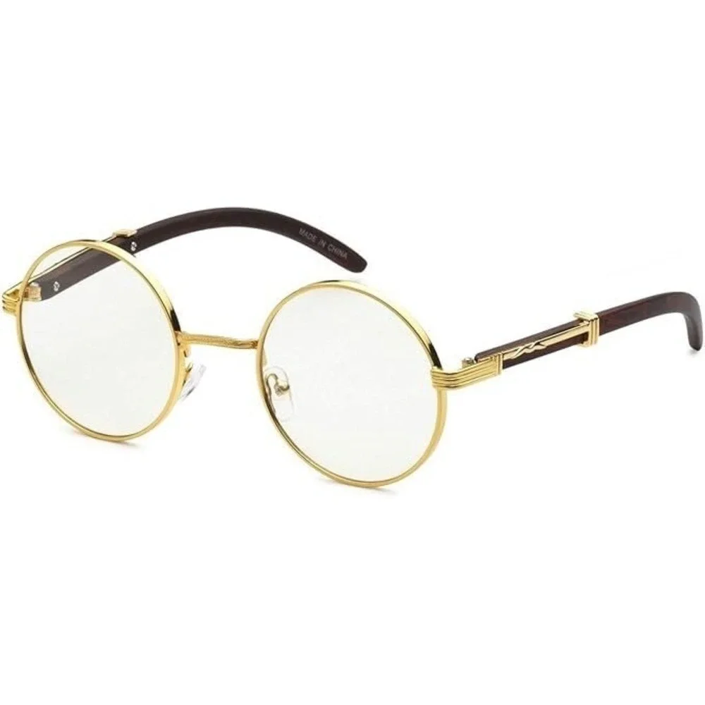 Round Glasses Gold Frame Wood Accent Clear Lens‎ Men's Fashion Hip Hop Festival